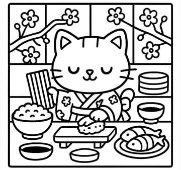 Japanese Kawaii Cat making sushi ai generated through GraphicGen