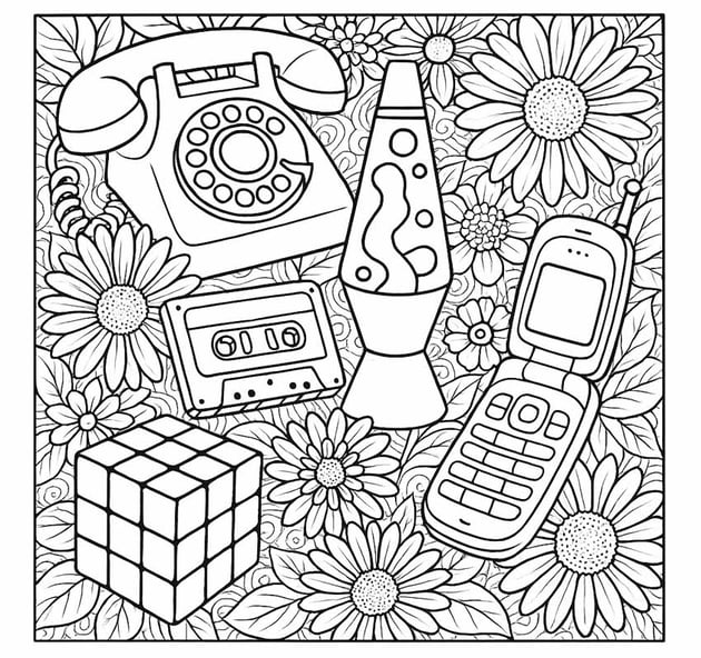 Nostalgia theme coloring page for adults generated thru AI generator GraphicGen