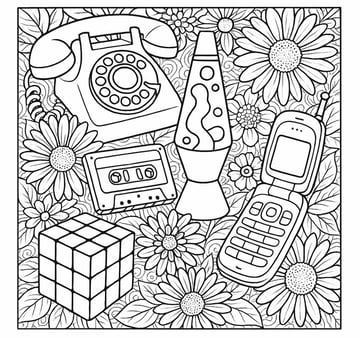 Nostalgia theme coloring page for adults generated thru AI generator GraphicGen