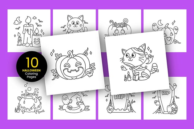 set of halloween season coloring book page designs from Envato