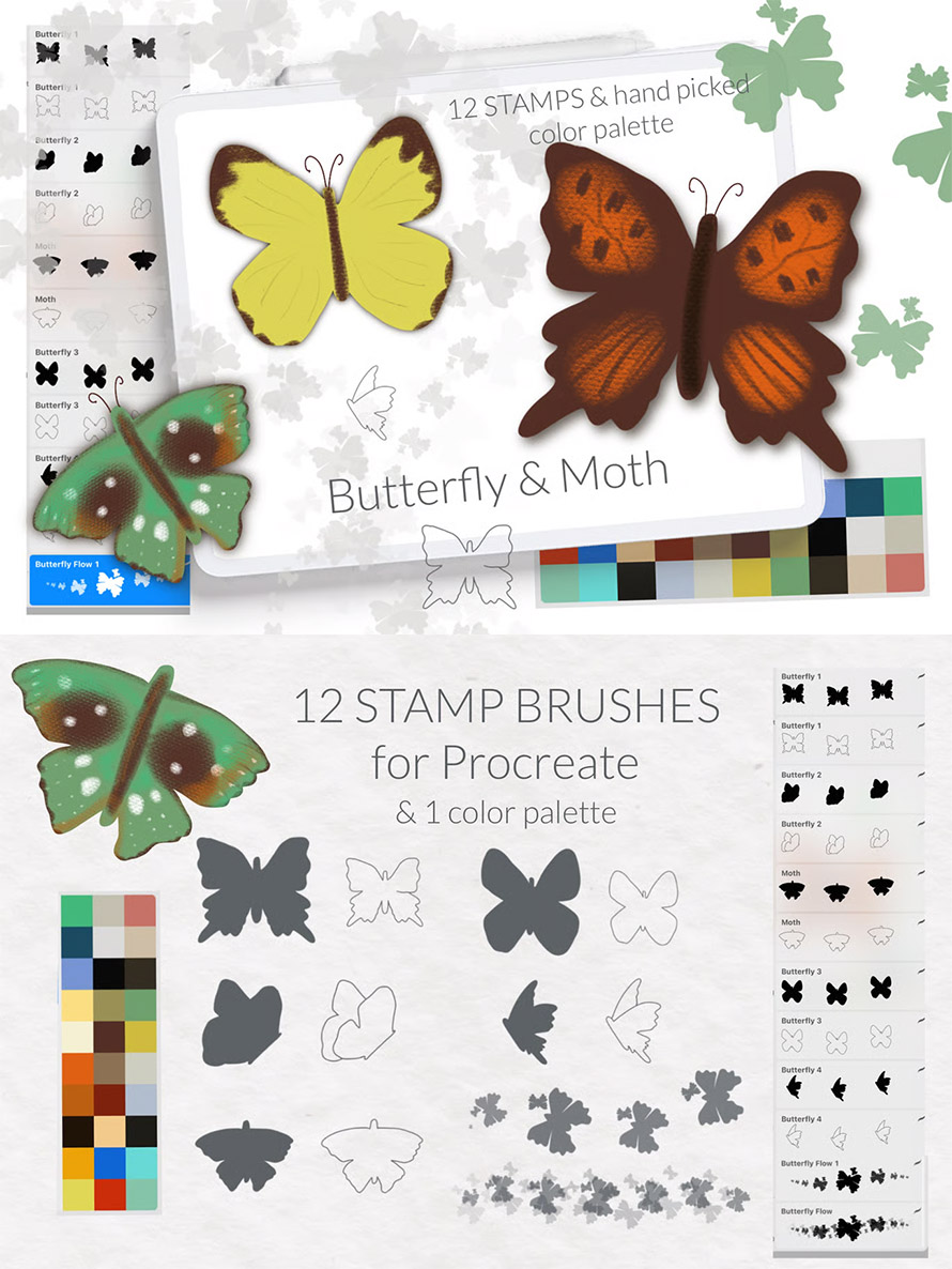 Butterfly and Moth Procreate Stamp Brushes Spring