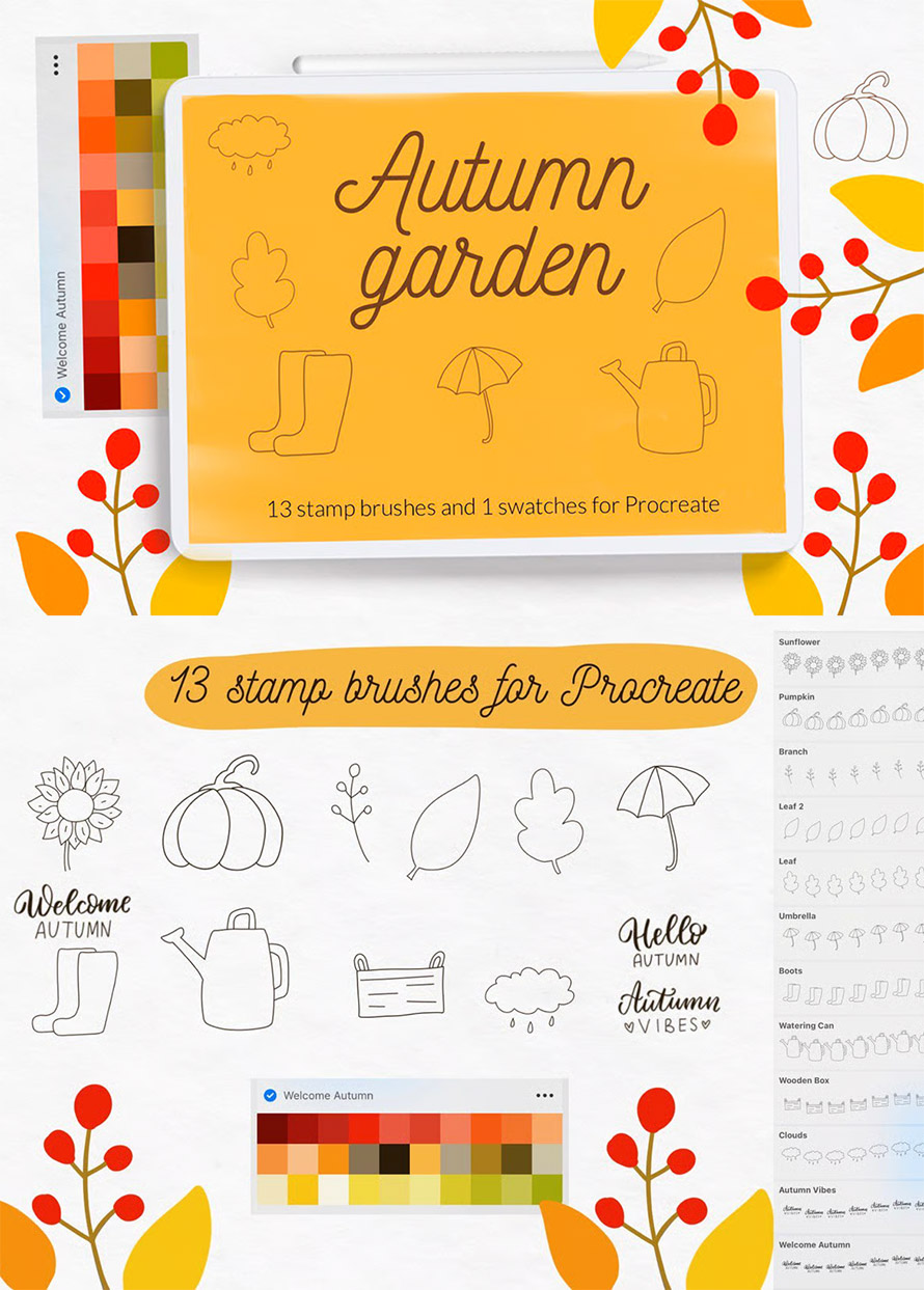 Autumn Garden Procreate Stamp Brushes And Swatches