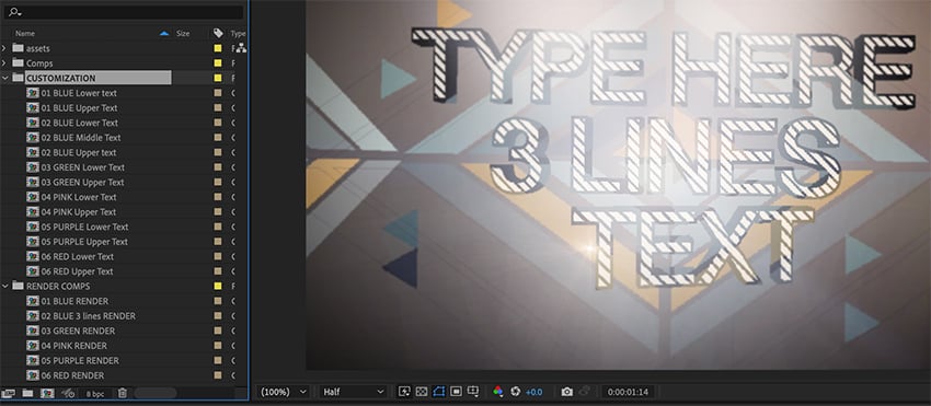 After Effects 3D text effects: Customization folder.