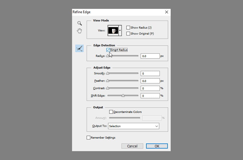 How do you remove a background on Photoshop: check the smart radius.
