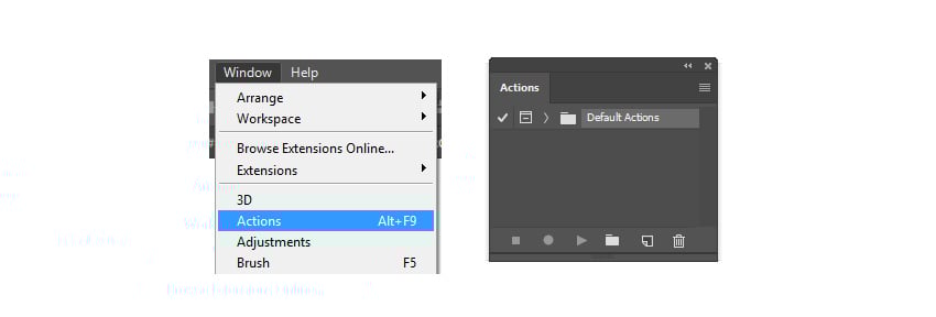 How to access the Actions panel to bulk resize in Photoshop.