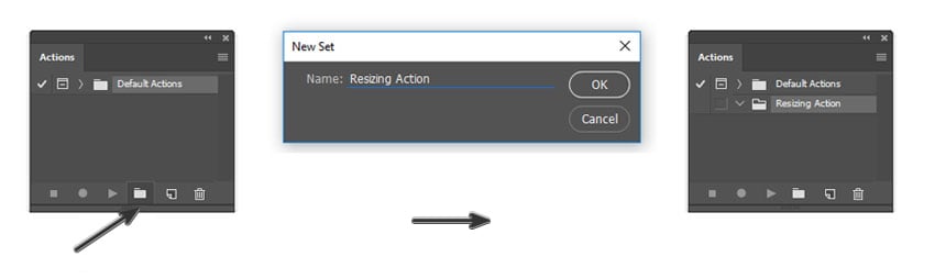 Creating a New Action Set to mass resize images in Photoshop.