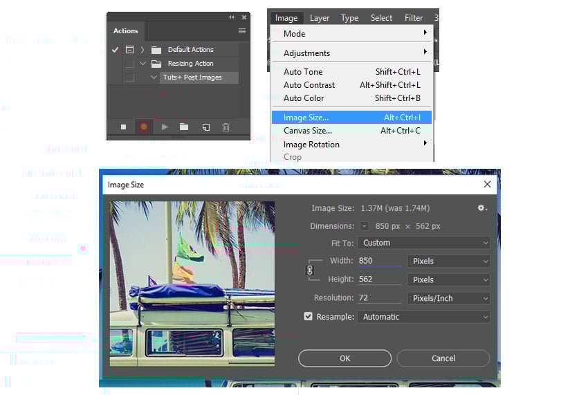 Recording a Photoshop action to resize all images at once.