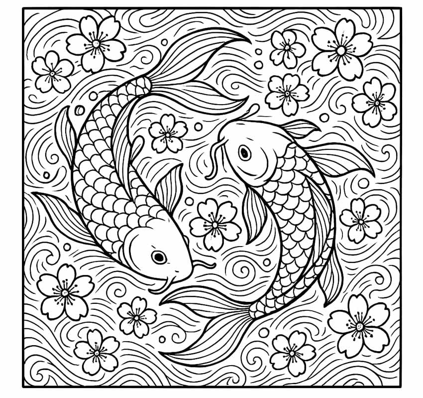 koi and cherry blossom adult coloring page ai generated