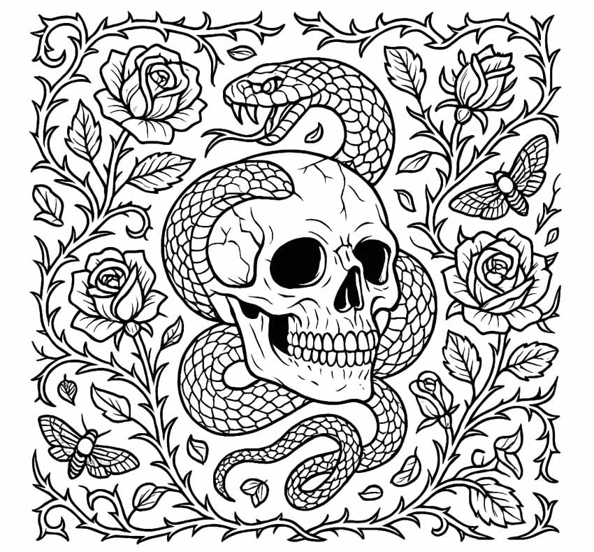 adult coloring page of serpents and skull motif, ai generated thru envato GraphicsGen