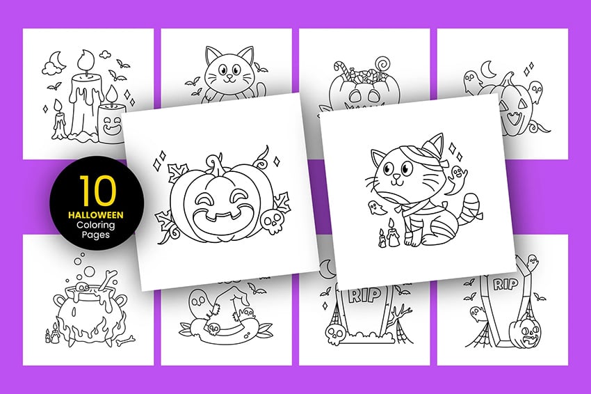 set of halloween season coloring book page designs from Envato
