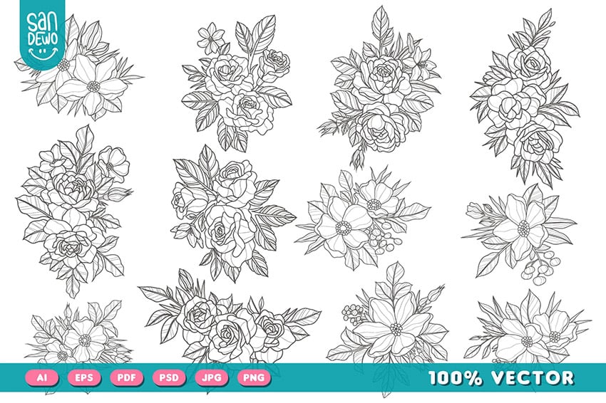 Hand Drawn Floral Illustration Line Art Design from envato