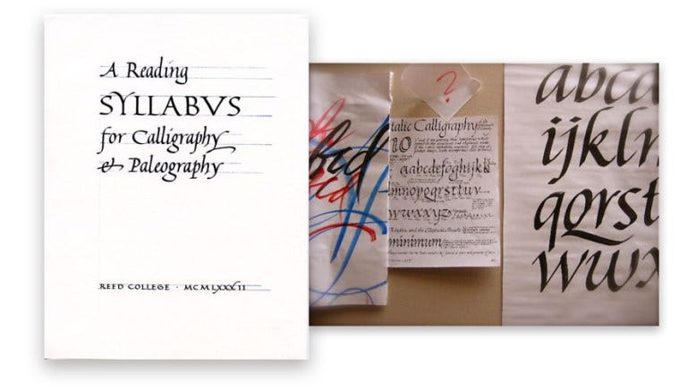 Graphic of the Calligraphy syllabus from Reed College and samples of calligraphy.