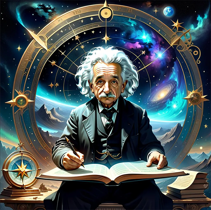 Illustration of Einstein’s creative spark — he was inspired by a magnetic compass he received as a gift as a child, which sparked his lifelong fascination with the invisible forces of nature.