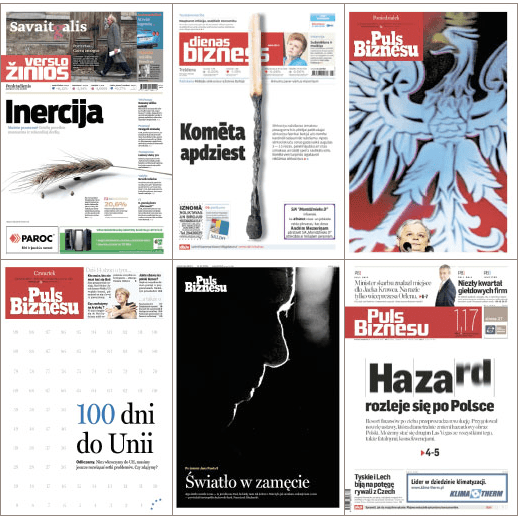 Frontpage designs of Puls Biznesu newspaper.