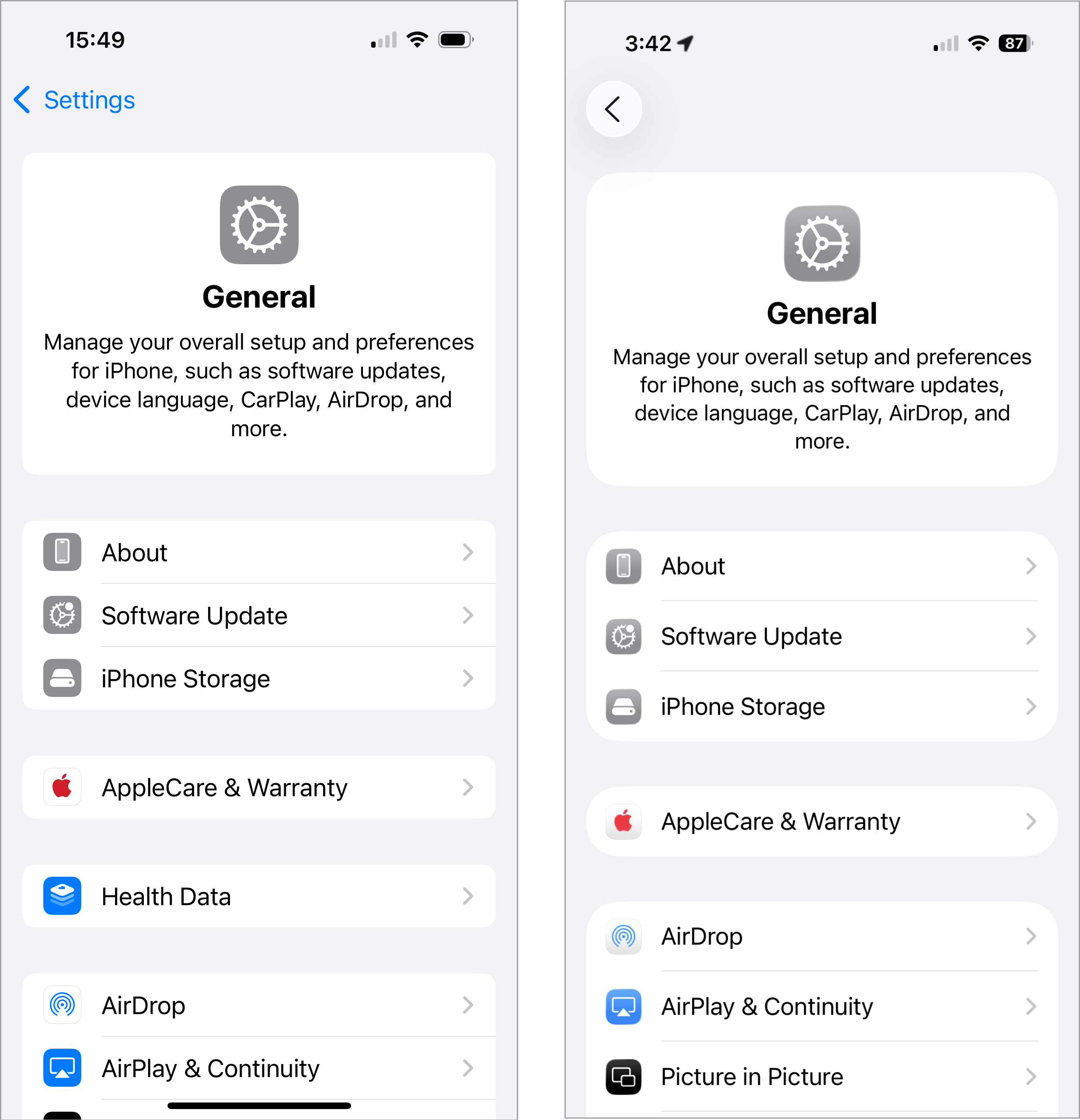 Comparison of the old and new iOS. In the old one, the back button was a blue back arrow with "Settings" written beside it. In the new one, it is just a black-and-white back arrow icon.