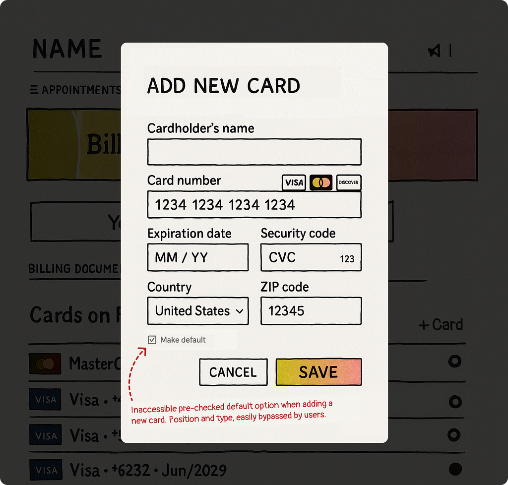 Rough sketch of ‘Add card’ interface. Defaulting a new card is unnoticeable and prechecked.