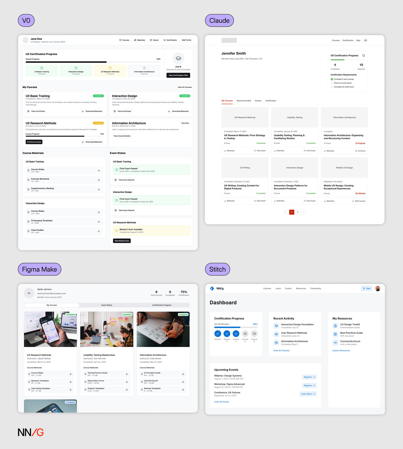 Designs generated by Claude, Figma Make, v0, and Stitch differed significantly in layout, design patterns, and overall aesthetics.