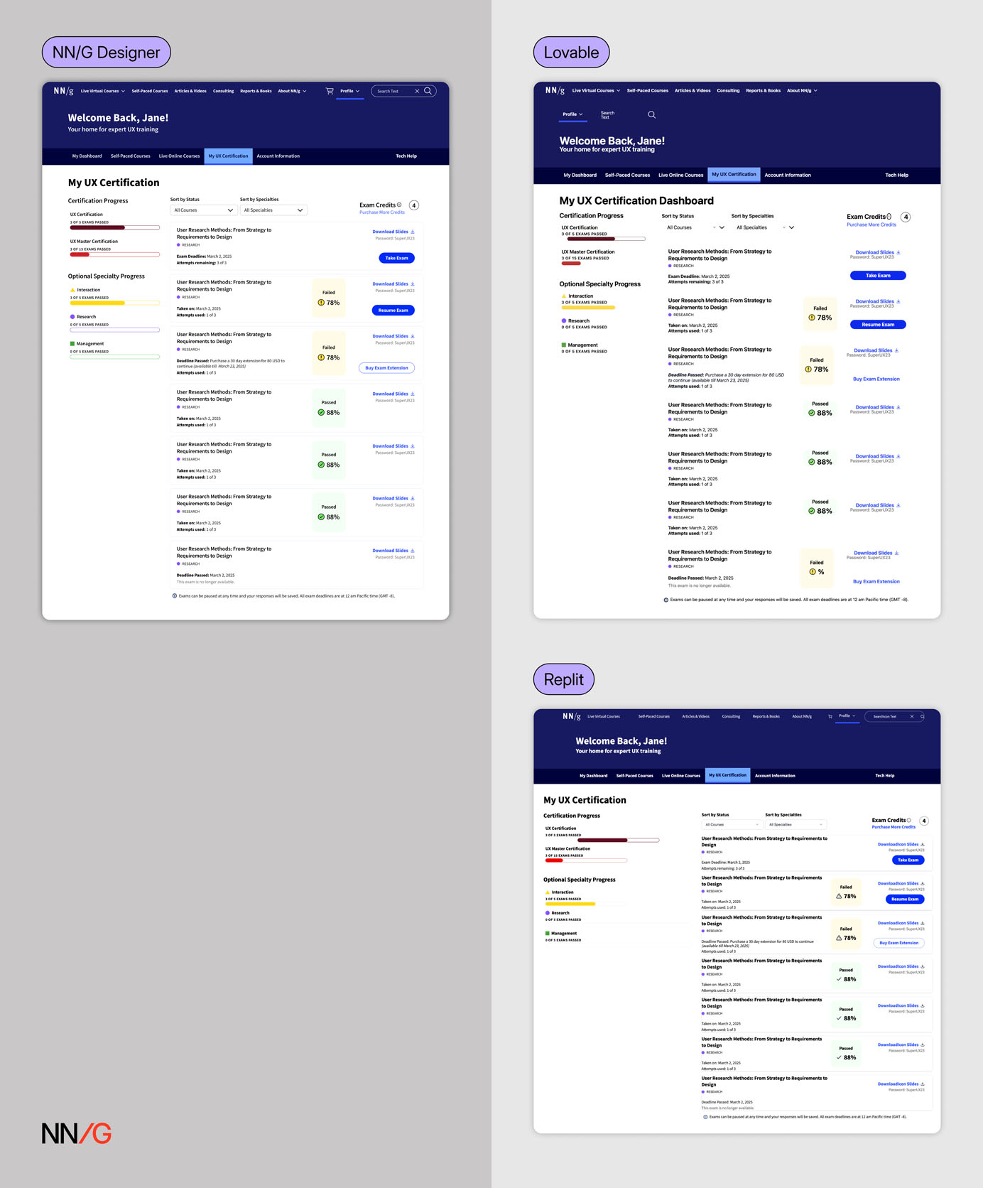 When the prompt included a link to a Figma design frame, AI tools such as Lovable and Replit produced designs that most accurately matched the NN/g designer’s original.