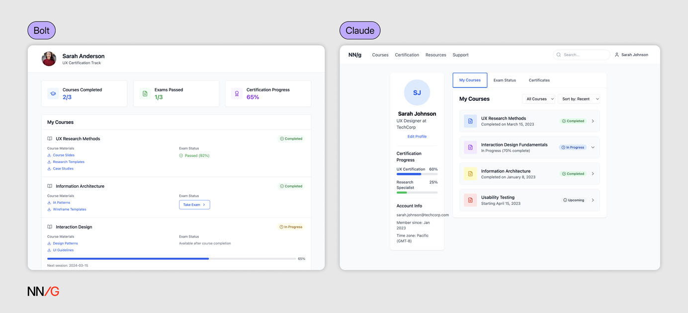The left design, labeled “Bolt,” features a simple card layout with progress stats and course lists. The right design, labeled “Claude,” shows a similar minimal interface with soft gray backgrounds and colored status tags. Both designs share clean, understated styling with bright accent colors but little visual differentiation or brand expression.