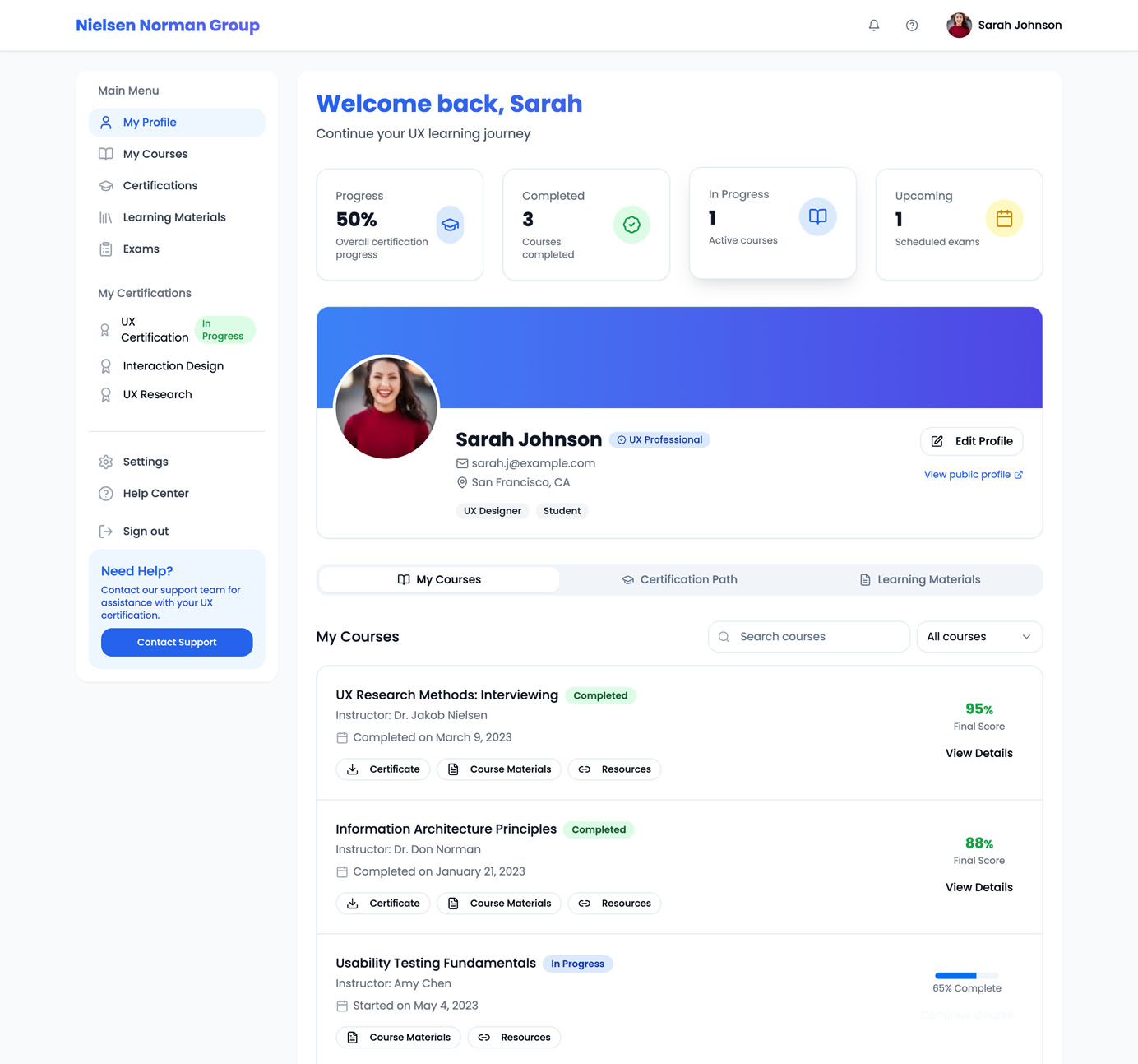 The interface prominently features a large user profile section with a photo, name, and contact information at the top center. Progress indicators and course statistics are displayed above, while course listings with completion details and scores appear below. A left navigation menu lists profile, courses, certifications, and settings. The layout visually emphasizes personal and contact details over task-related course content.