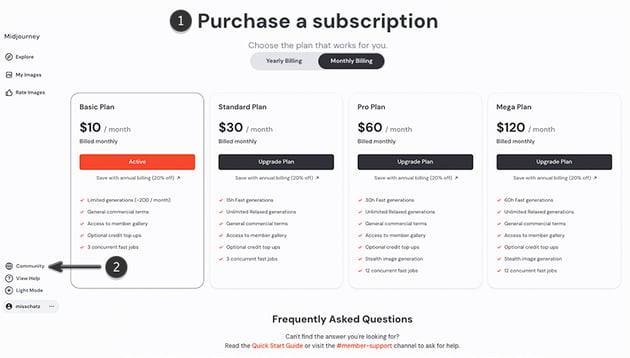 Purchase a Midjourney Subscription plan and join the community