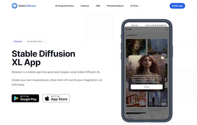 Dreamer App for Google Play and App store to access Stable Diffusion XL