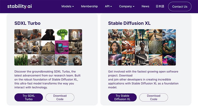 Stablity AI landing page featuring Stable Diffusion XL and SDXL Turbo