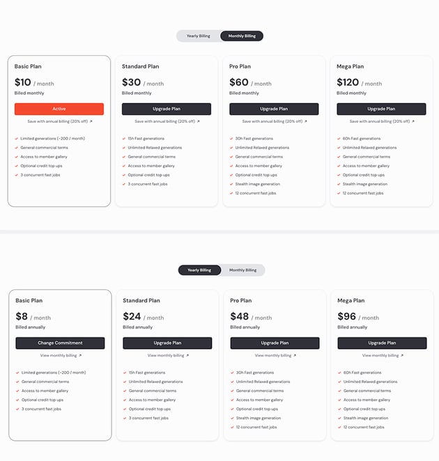 Cost of MidJourney and Monthly and Annually Subscription tiers