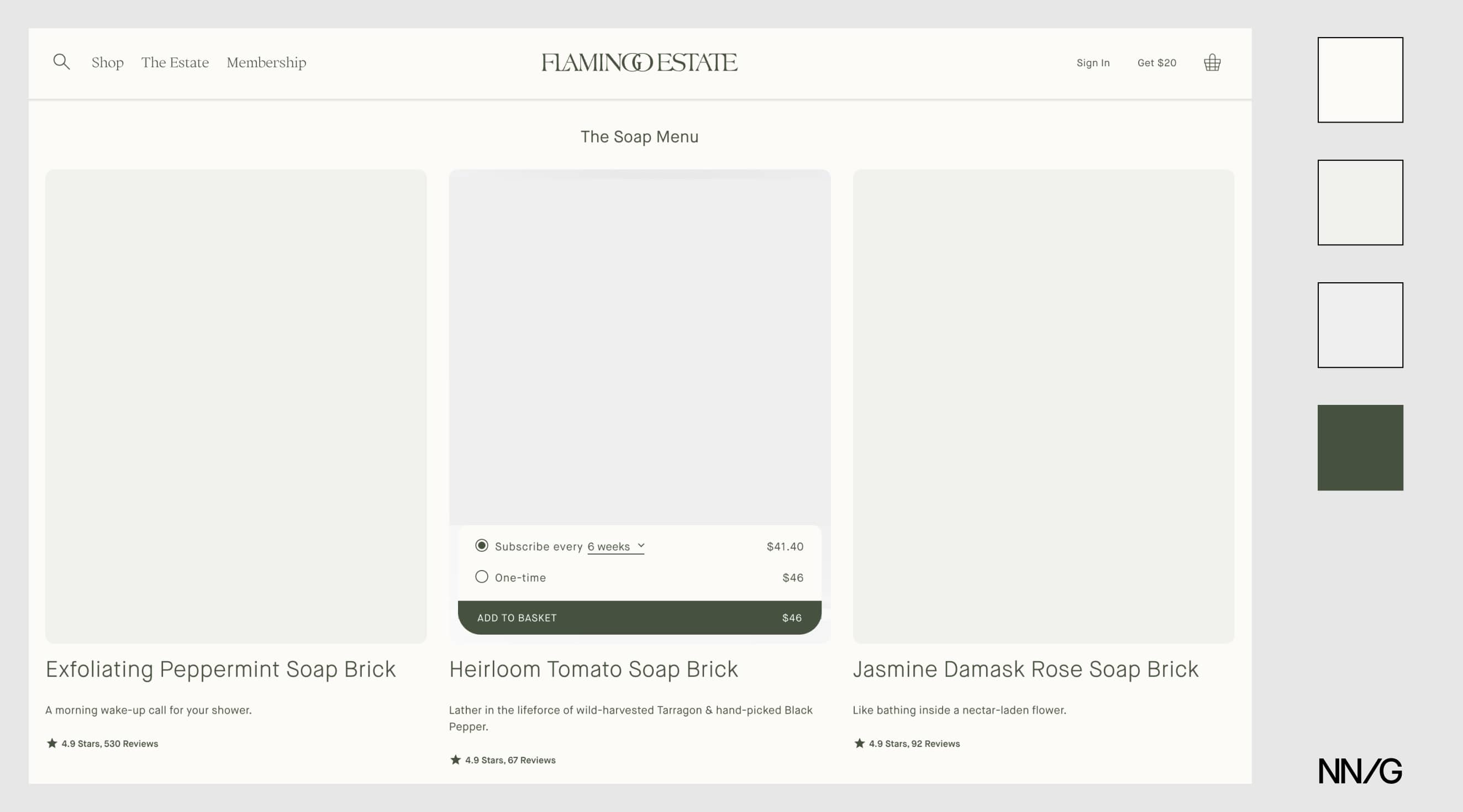 A product page that uses soft white and green. 