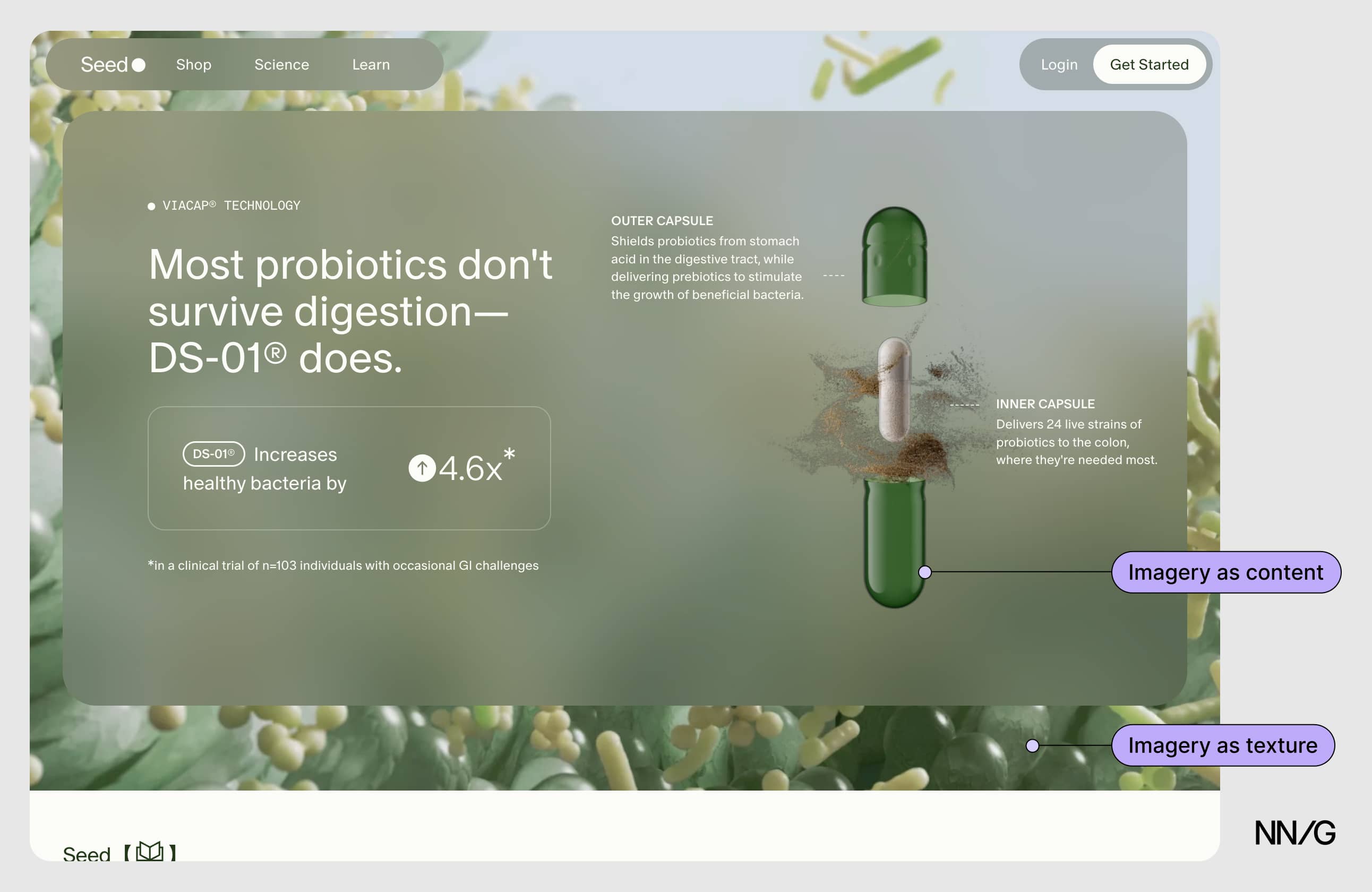 A product page with a probiotic split open revealing two capsules. In the background is a image that looks like cells under a microscope. 