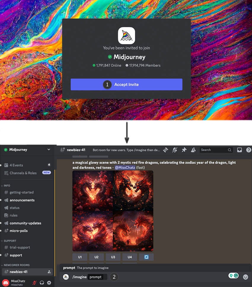 Accept Invite from Discord and add text prompt to MidJourney bot under newbies server