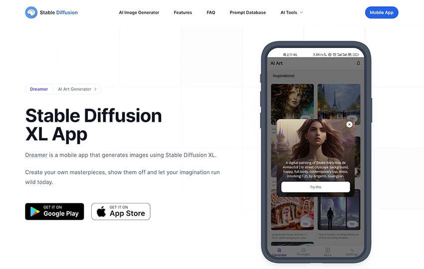 Dreamer App for Google Play and App store to access Stable Diffusion XL