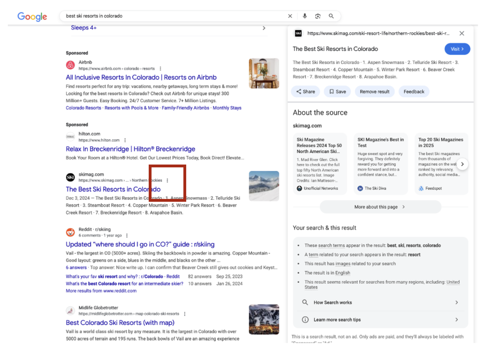 A kebab (3 vertical dots) on a Google result showing a menu with additional information about the source.