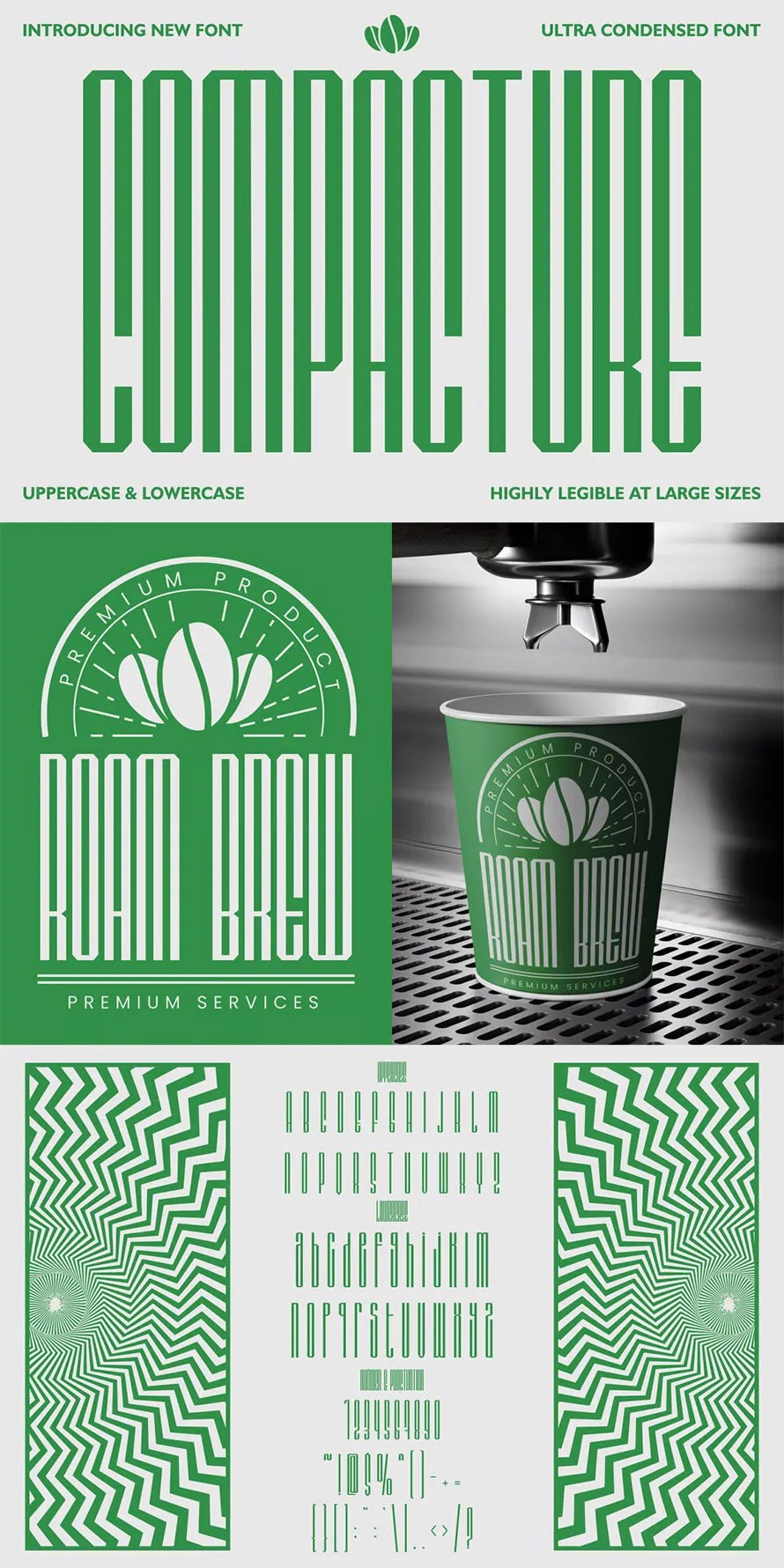 A design showcasing the new "Compacture" font, featuring bold, uppercase and lowercase letters. The layout includes a coffee cup with the "Roam Brew" logo and decorative elements in green and white.