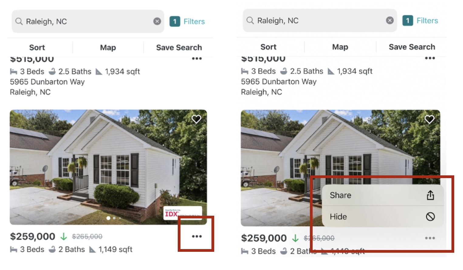 A listing for a home with a meatball (3 horizontal dots) menu. When clicked it reveals the options to share and hide. 