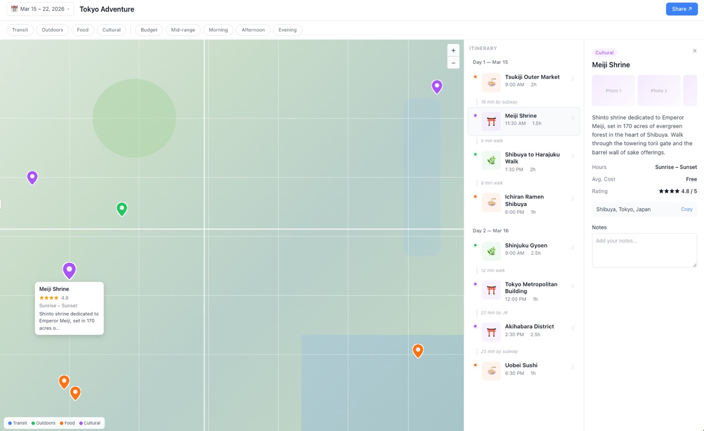 A trip planner app generated from a highly detailed vibe-coding prompt. The result is a three-column layout: an interactive map with color-coded pins on the left, a day-by-day itinerary timeline in the center, and a detail panel for the selected location on the right. The specificity of the output reflects the user's detailed design specification, putting the AI in an execution role rather than a design role.