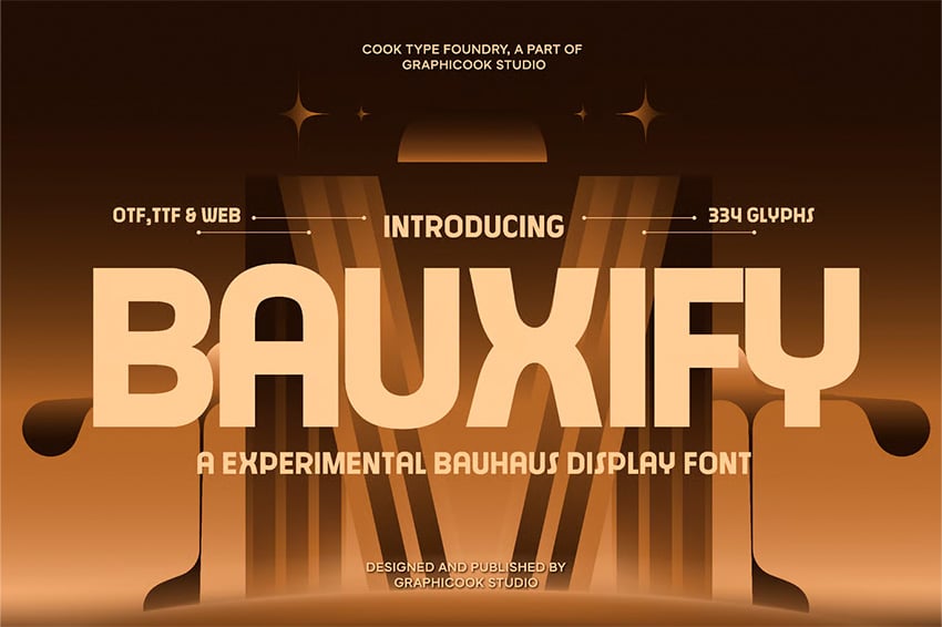 Modern Bauhaus alternative Bauxify font featuring bold display style and 334 characters