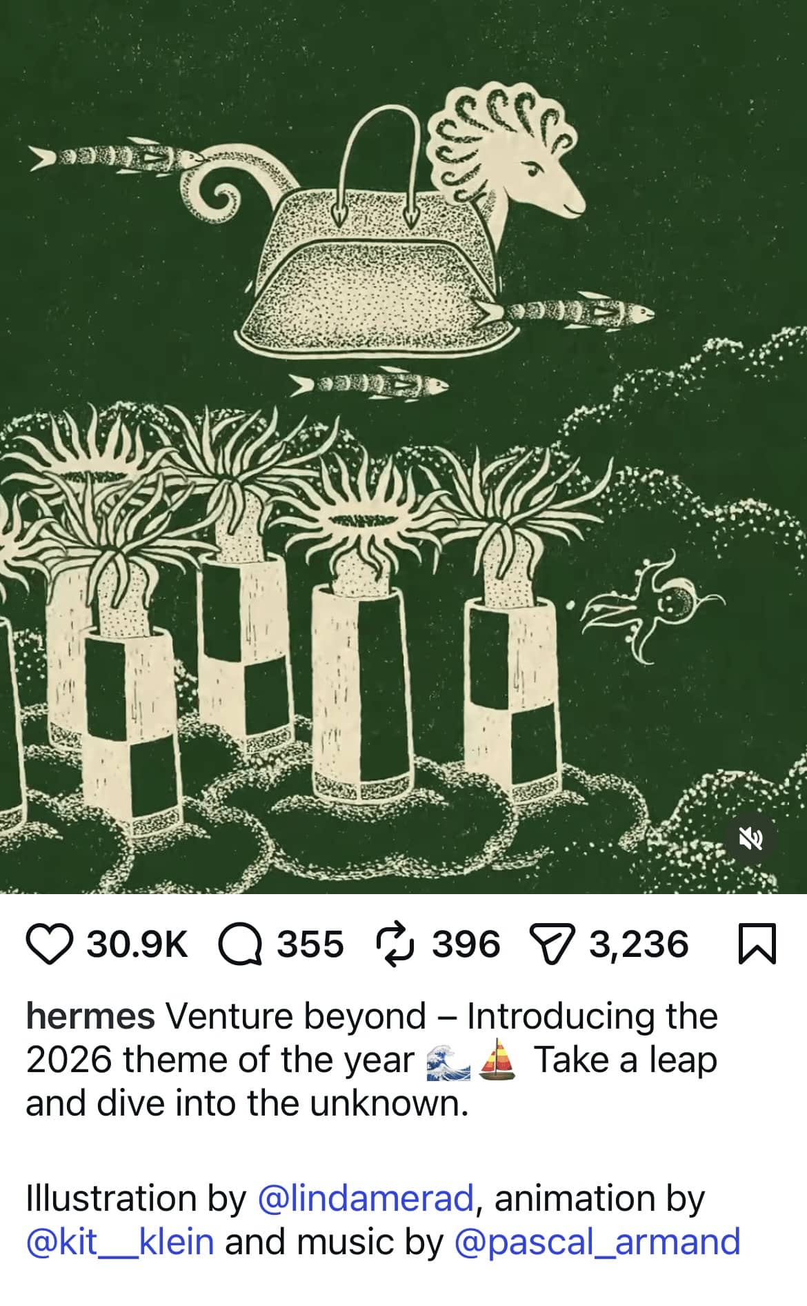 Instagram post of a linocut animal in a handbag. The caption features credit to the illustrator, animator, and composer. 