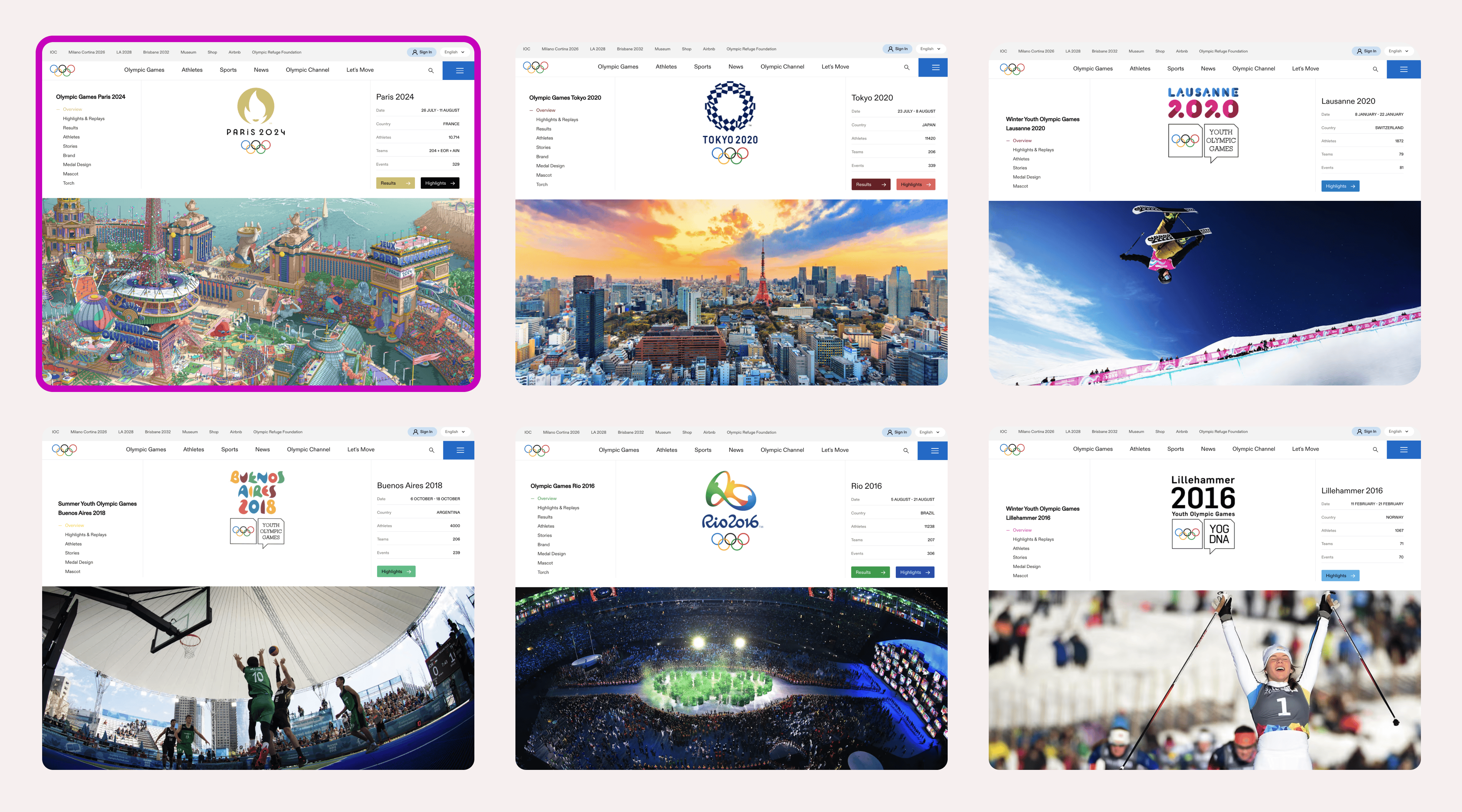 6 examples of the last Olympic homepages. Paris is the only one with an illustration as the hero image. 