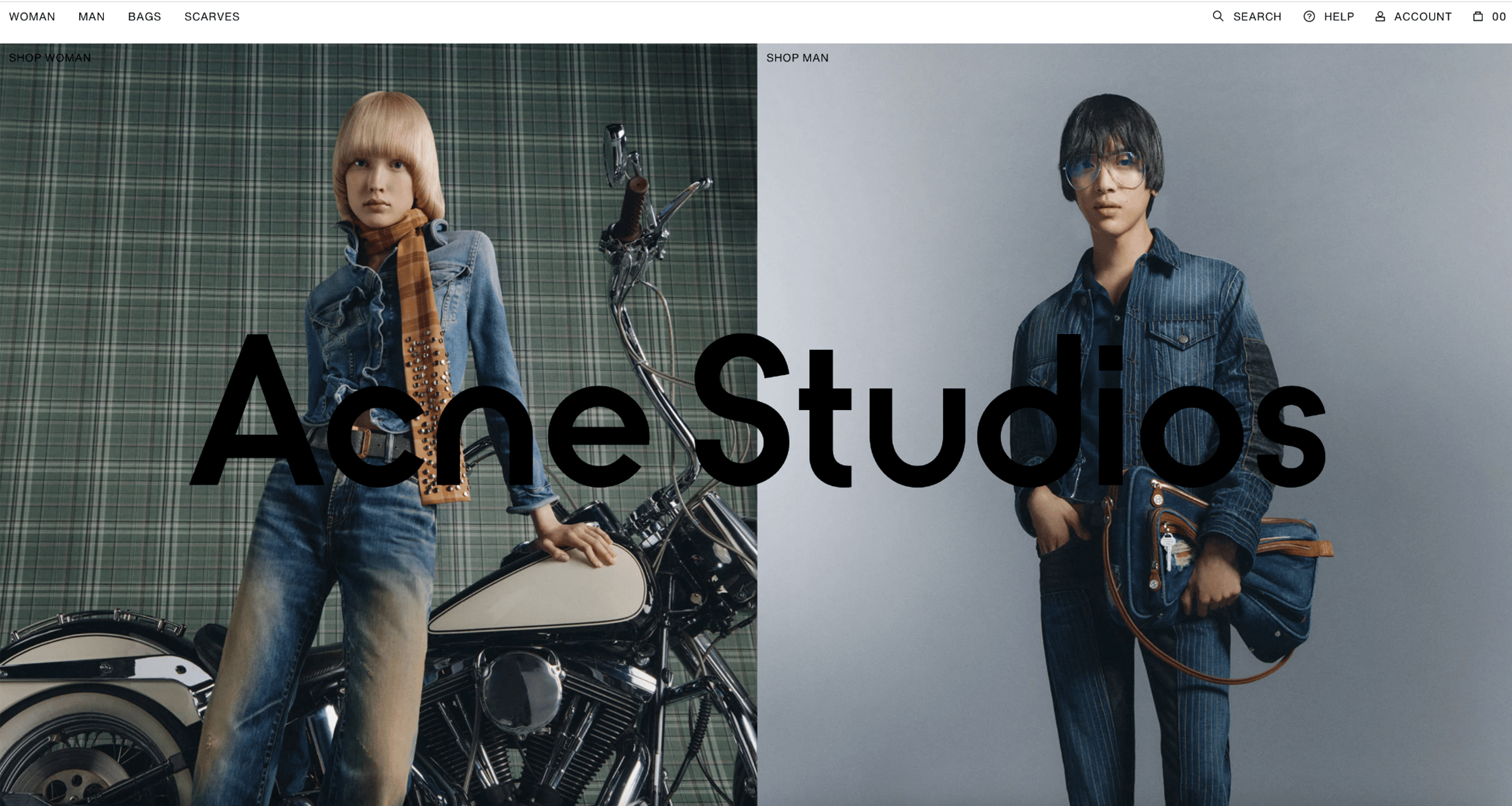 Acne homepage with two models standing in front of a plain and a plaid background. 