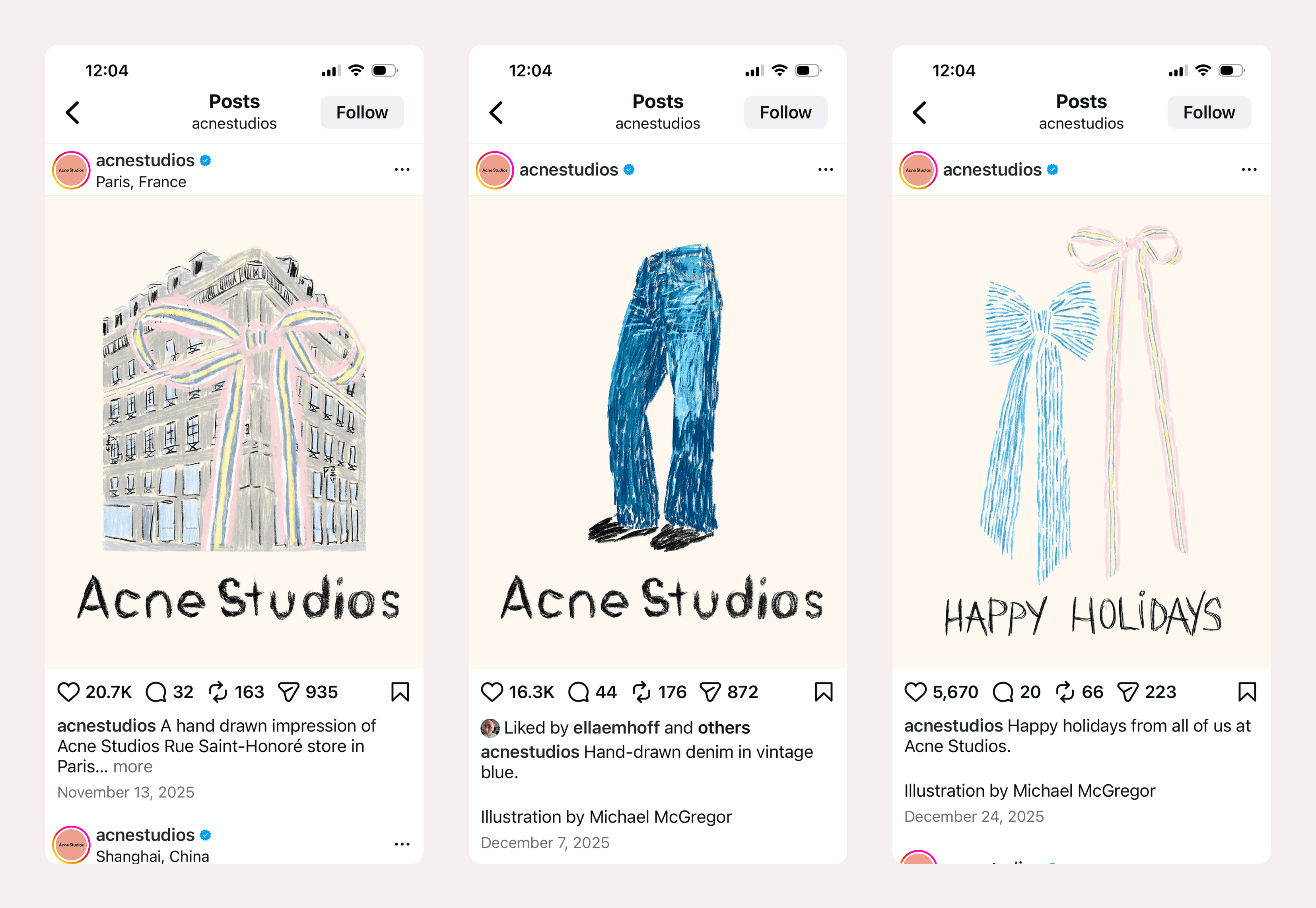 3 examples of Acne instagram posts featuring sketchy illustrations of brand imagery. 
