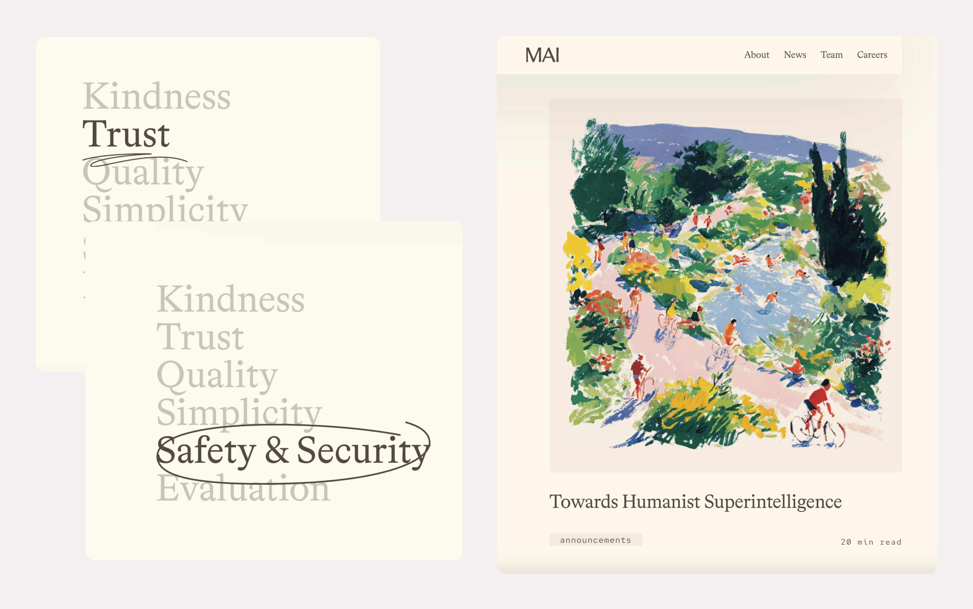 Microsoft AI's homepage uses a gouache style scene of a park and a hand drawn-style circle as a hover state.  