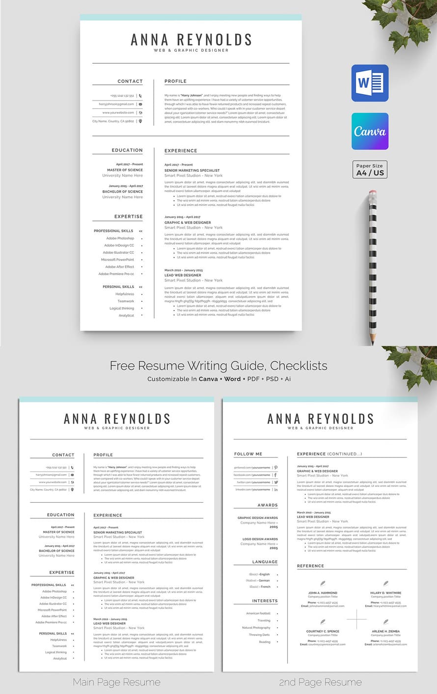 Resume / Cv Template - Canva And Word Design