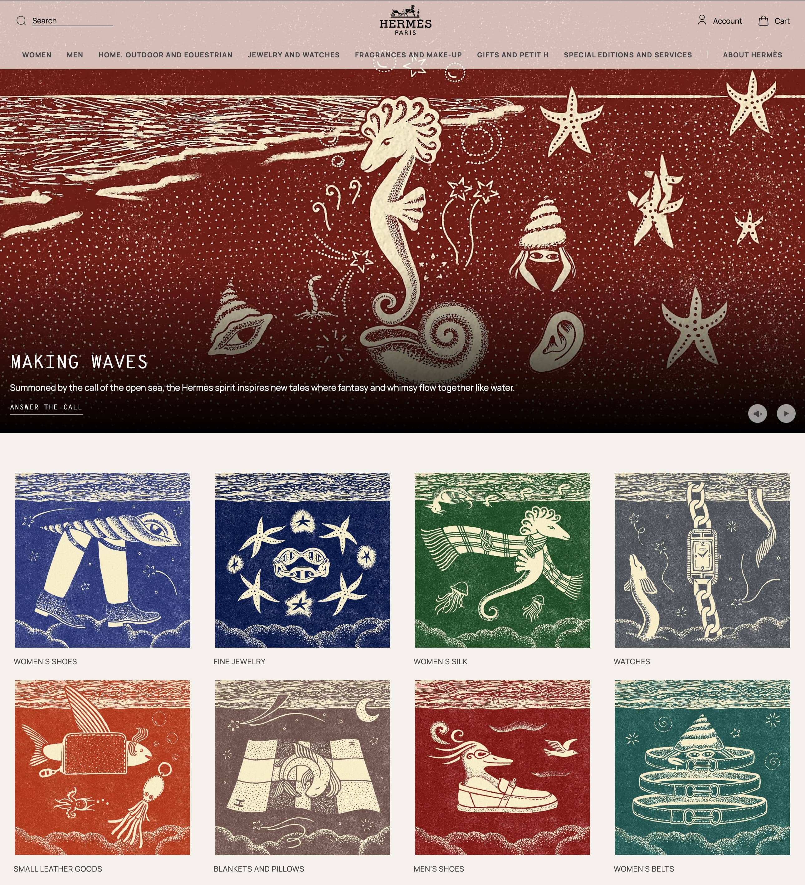 Hermes homepage with large hero images of linocut nautical scenes in a variety of colors. 