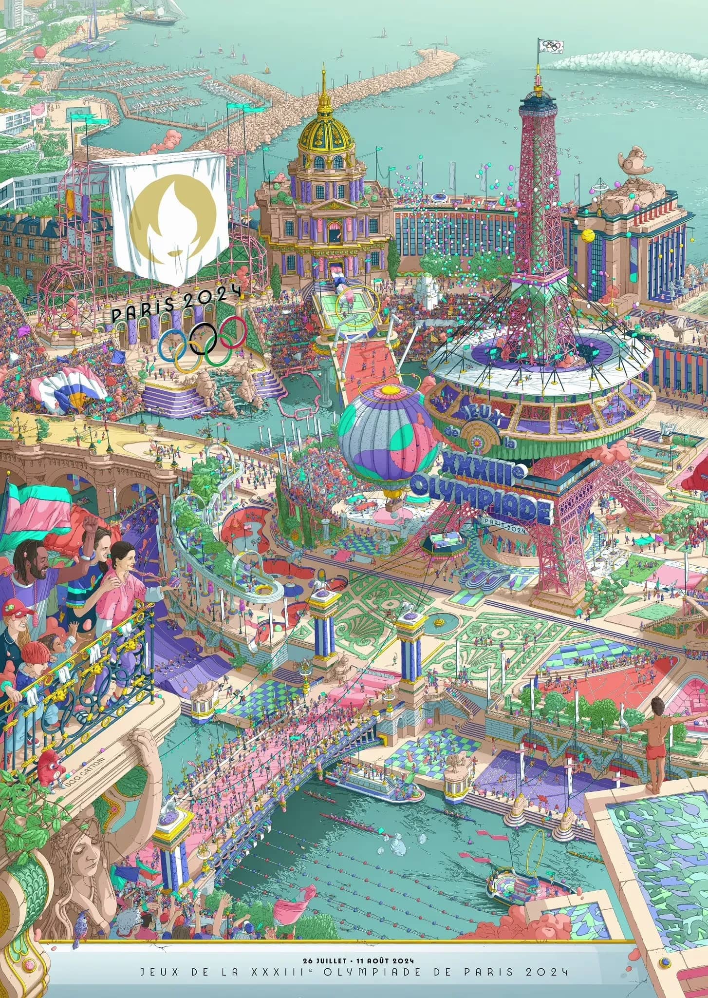 Poster featuring an incredibly detailed scene of a celebration of the Paris Olympics in front of the Eiffel Tower.