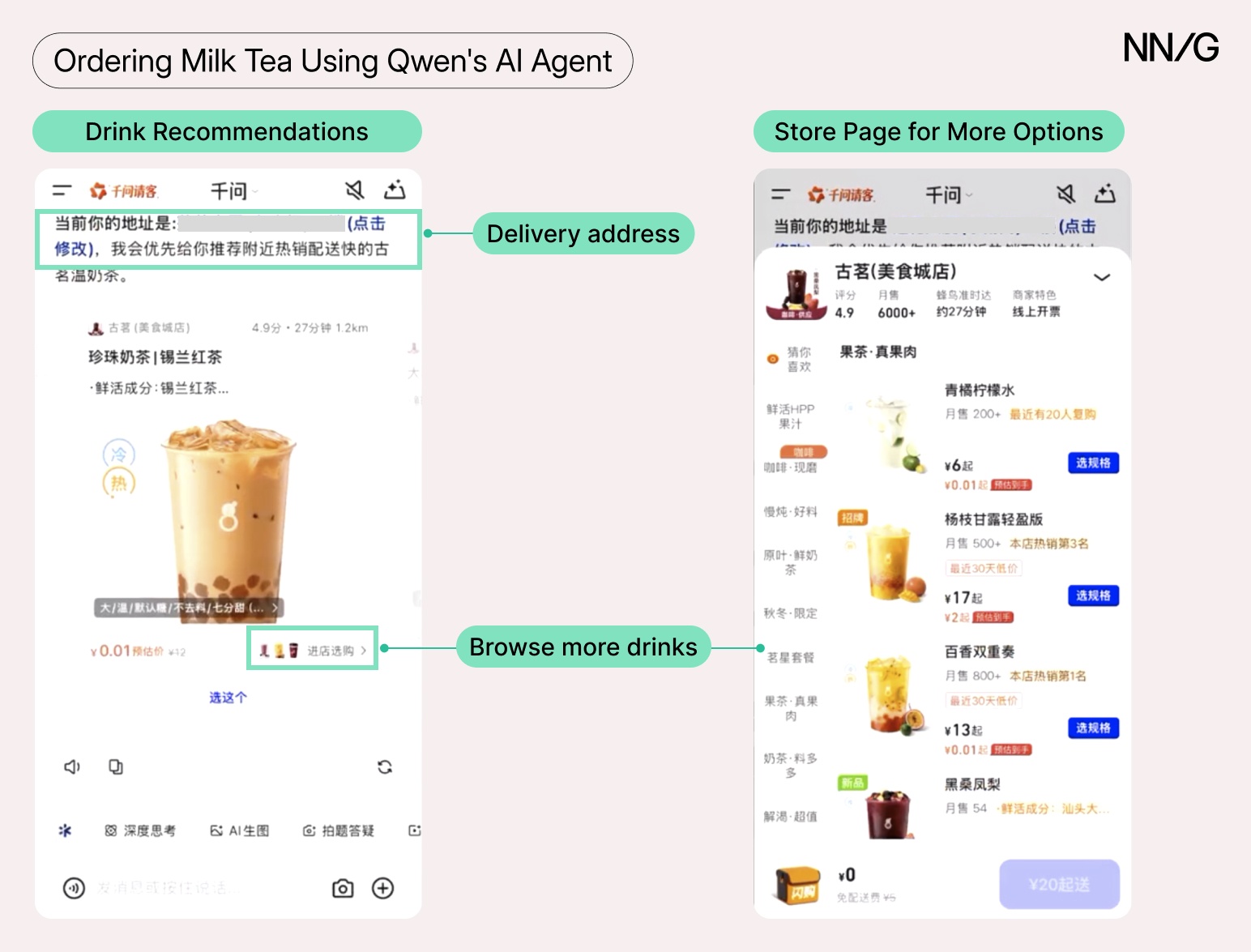 Two annotated screenshots of ordering milk tea via Qwen's AI agent. Left shows drink recommendations with delivery address; right shows the store page with more drink options and a "browse more drinks" link.