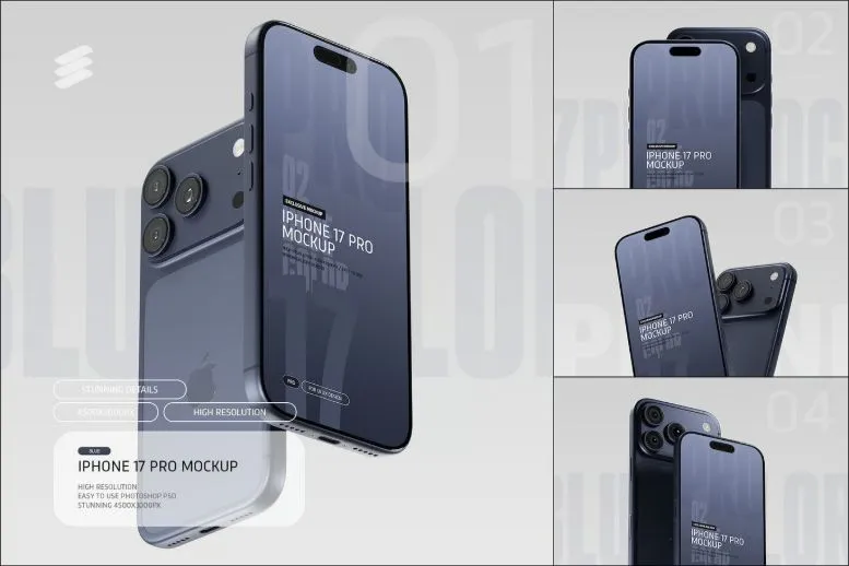 iPhone 17 Pro Mockup PSD Blue Color