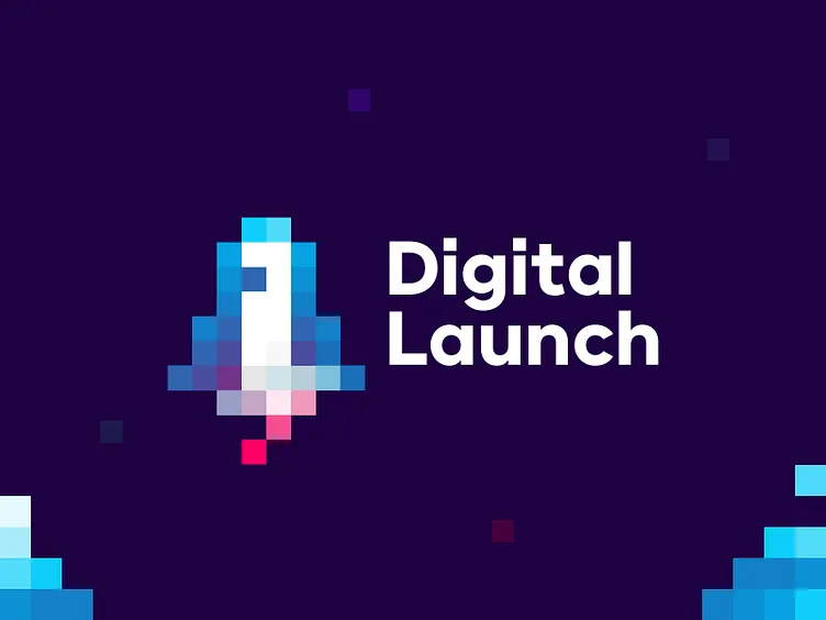 Digital Launch marketing agency logo design: rocket from pixels by Alex Tass, logo designer Digital Launch marketing agency logo design: rocket from pixels by Alex Tass, logo designer
