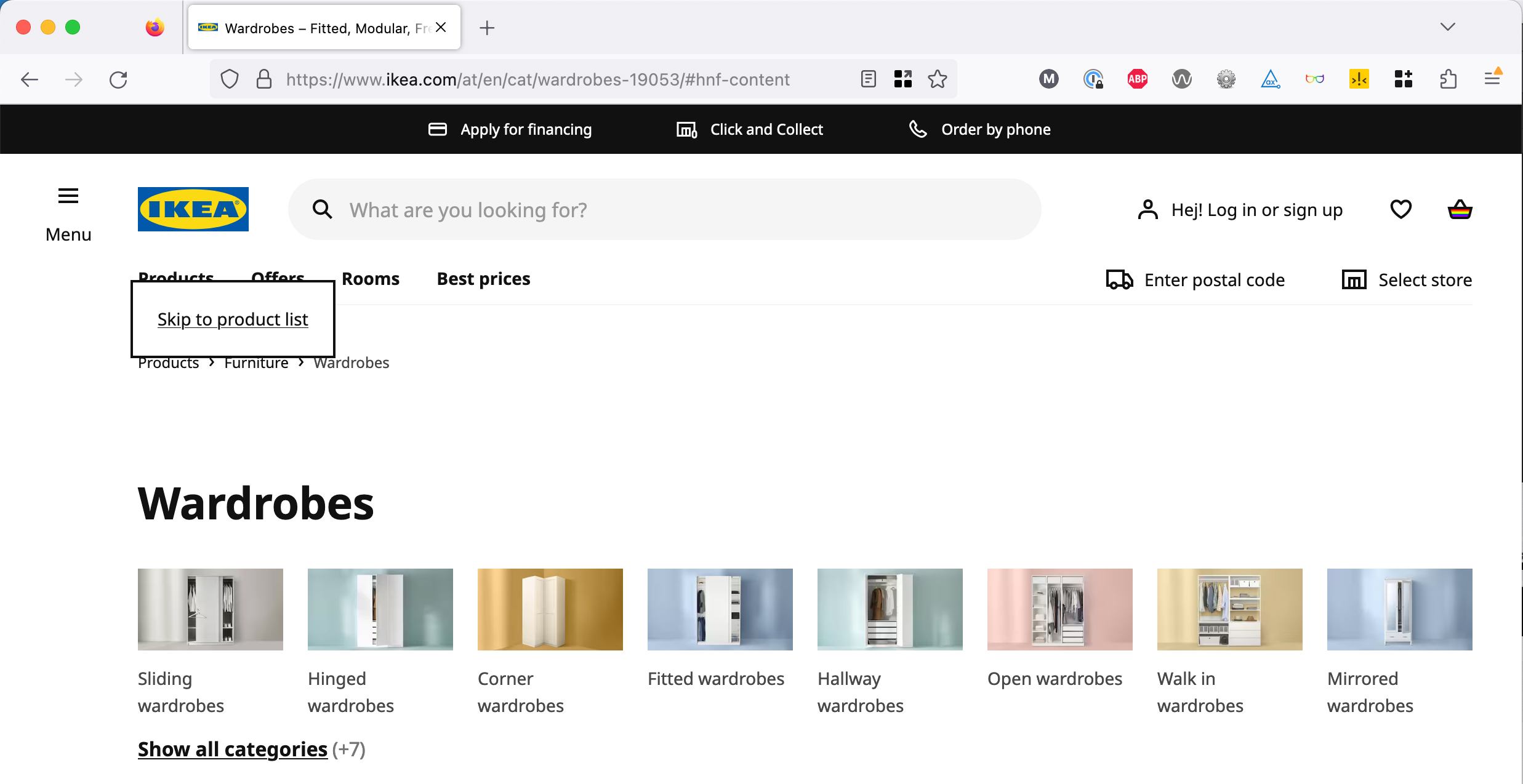 A "skip to product list" link between the header and breadcrumbs