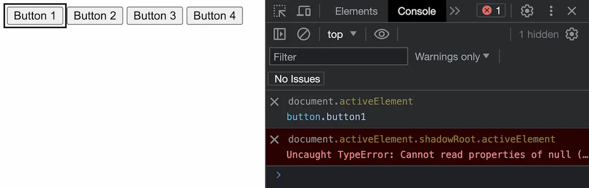 Focus on button 1. Dev tools logs button.button1 and Uncaught TypeError: Cannot read properties of null&hellip;